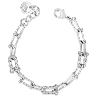 Silver bracelet with chain and interlocking links on a white background
