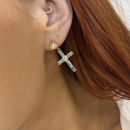 Rebecca Judith Gold Drop Jewelled Cross Earring & Stud - Turquoise