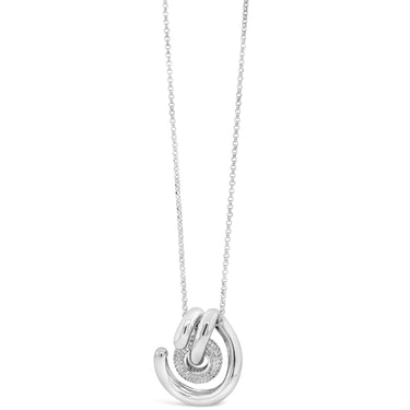 Silver necklace with a crescent moon pendant on a white background
