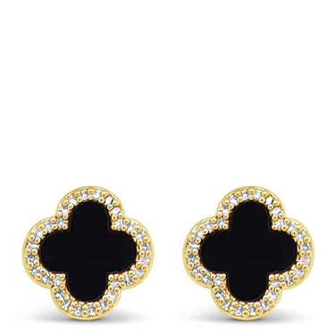 Pair of black clover-shaped earrings on a white background
