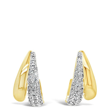 Gold earrings with diamond accents on a white background