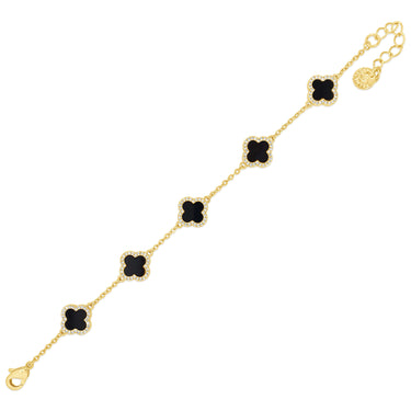 Gold bracelet with black clover-shaped charms on a white background