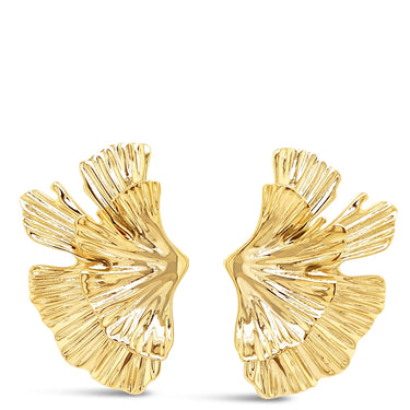 Gold earrings with a leaf-like design on a white background