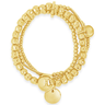 Gold bracelet with beads and circular charms on a white background