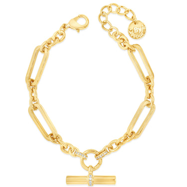 Gold bracelet with a tag-like charm on a white background