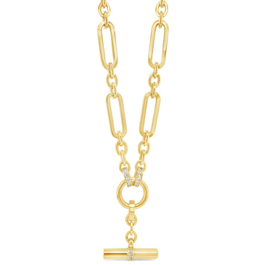Gold chain necklace with a cylindrical pendant on a white background