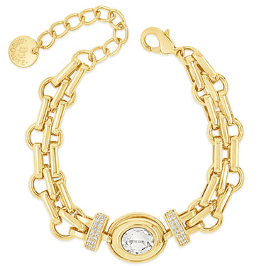 Gold chain bracelet with a central round gemstone on a white background