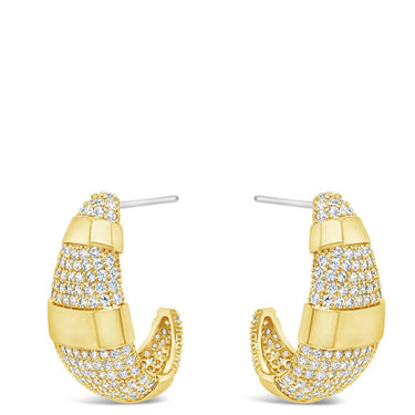 Gold hoop earrings with embedded stones on a white background