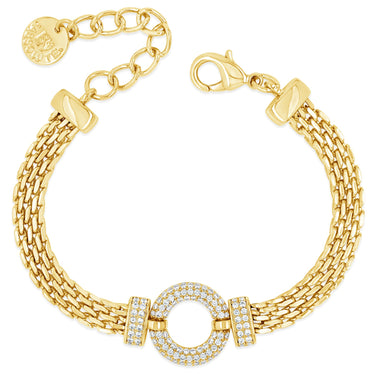 Gold bracelet with interlocking rings on a white background