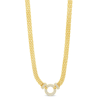 Gold necklace with a circular pendant on a white background
