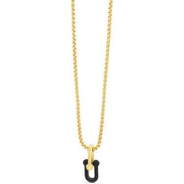 Gold necklace with a black pendant on a white background