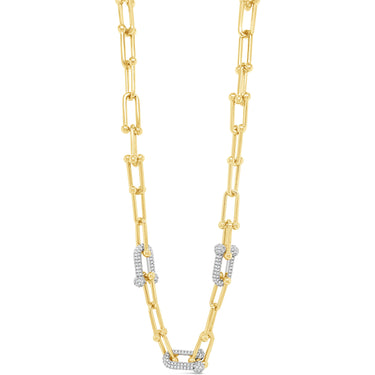 Gold chain necklace with diamond accents on a white background