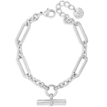 Silver bracelet with a rectangular link design on a white background