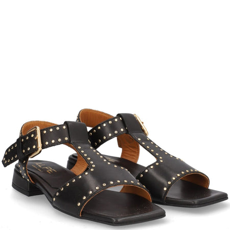 Alpe Black Leather Square Toe Studded Sandals