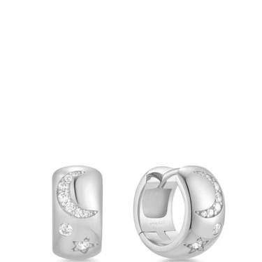 Silver hoop earrings with embedded stones on a white background