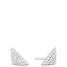 Silver cone-shaped earrings with clear stones on a white background