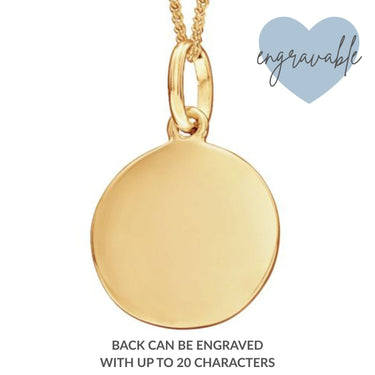 Gold pendant necklace with 'engravable' text on a white background