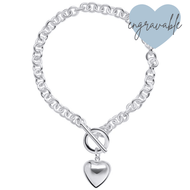 Silver chain bracelet with a heart charm on a white background, featuring the brand 'Engravable'.