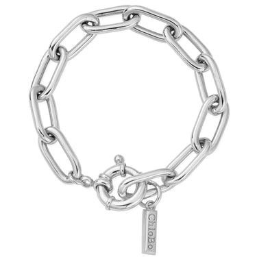 Silver chain bracelet with a tag on a white background