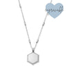 Silver hexagonal pendant necklace on a white background with 'engravable' text.