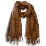 Brown patterned scarf with fringes on a white background