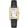 Cluse watch with black leather strap and gold case on a white background