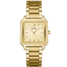 Gold watch with a square face on a white background