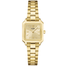 Gold watch with a square face on a white background
