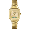 Gold watch with a colorful face on a white background