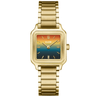 ladies gold Cluse watch with square dial and multi coloured dial