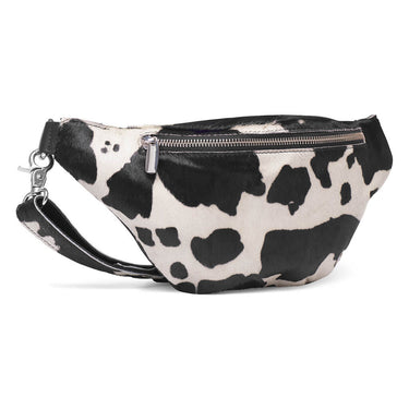 Cow print fanny pack with a wrist strap