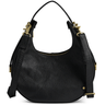 Black leather handbag with gold accents on a white background