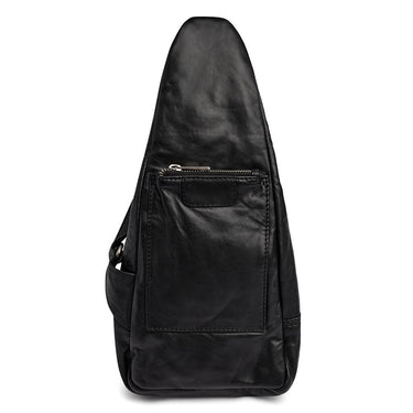 Black leather sling bag on a white background