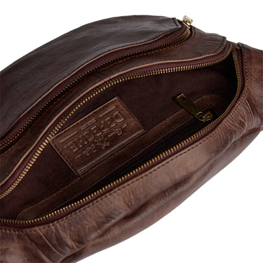 Brown leather bag with visible brand logo