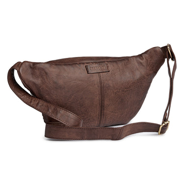 Brown leather bag with a visible brand label