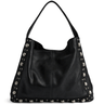 Black leather handbag with silver studs on a white background
