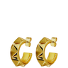 Gold hoop earrings with geometric design on a white background