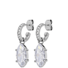 Silver hoop earrings with clear gemstones on a white background