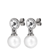 Pair of earrings with pearls and clear gemstones on a white background