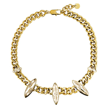Gold chain necklace with marquis-shaped pendants on a white background
