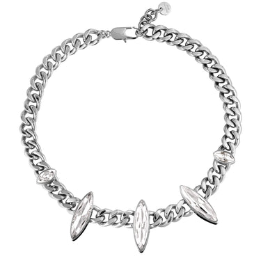 Silver chain bracelet with leaf-like pendants on a white background