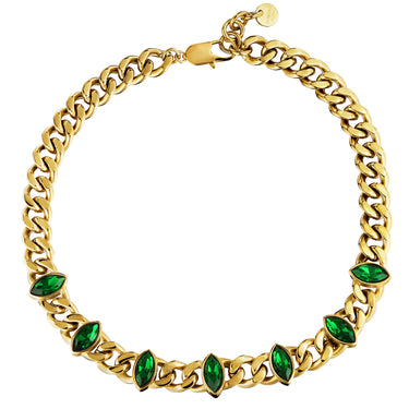 Gold chain necklace with green gemstones on a white background