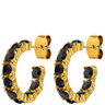 Gold hoop earrings with black gemstones on a white background
