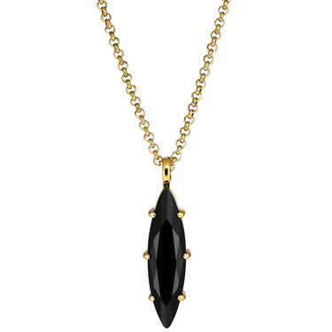 Gold necklace with a black pendant on a white background