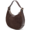 Brown suede handbag with a gray strap on a white background
