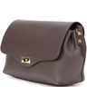 chocolate brown leather handbag with a gold clasp on a white background