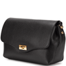 Black leather handbag with gold clasp on a white background