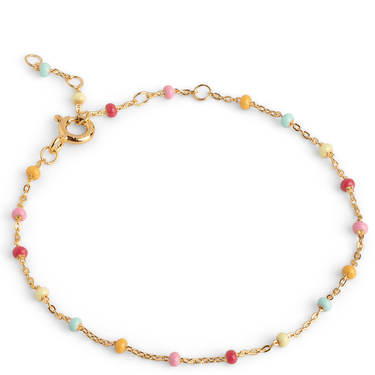 Gold bracelet with colorful beads on a white background