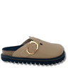 Beige sandal with gold buckle on a white background