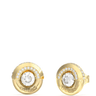 Gold earrings with clear gemstones on a white background